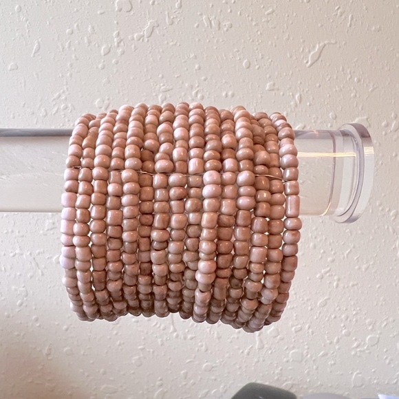 Handmade Beaded Bohemian Stacked Open Cuff Bracelet in Neutral Beige Shades ~ 2” - Picture 2 of 7